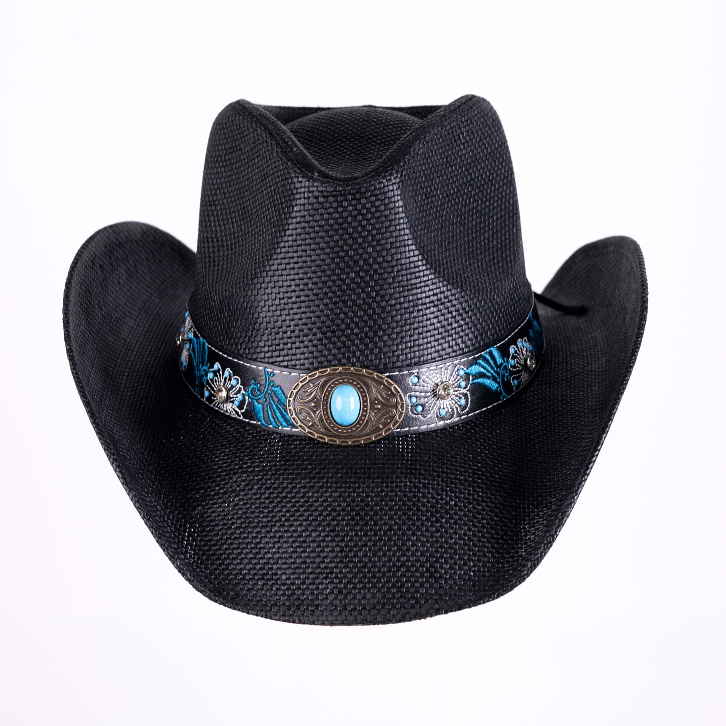 Sombrero negro con decoración y detalles azules