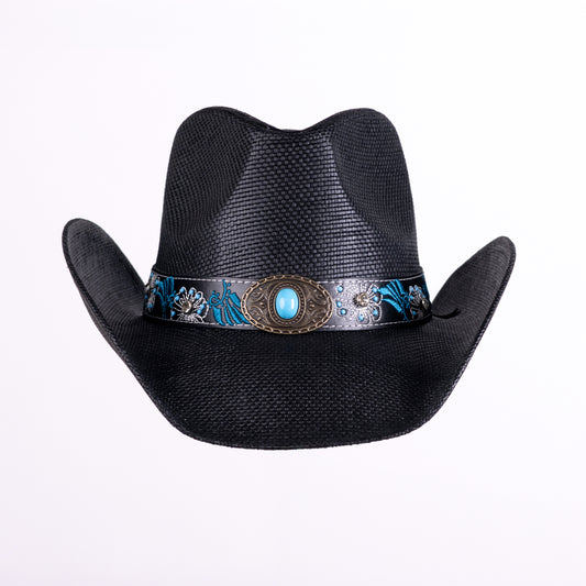 Sombrero negro con decoración y detalles azules