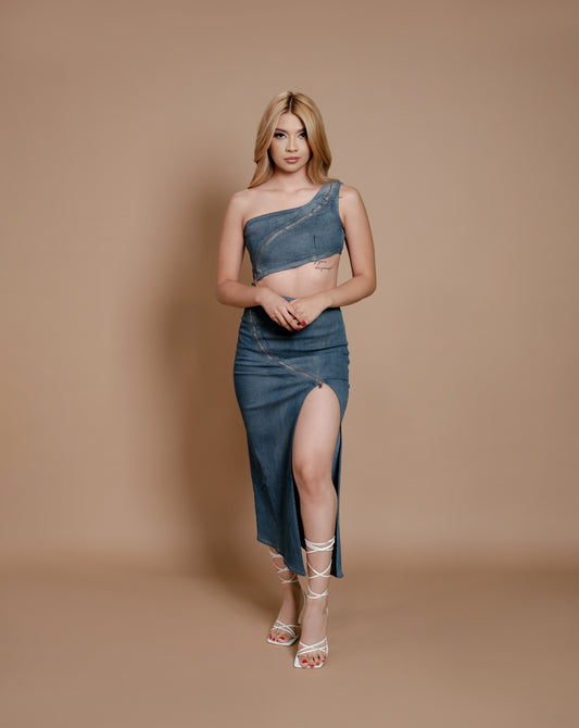 Conjunto de falda y top mezclilla